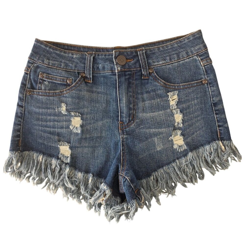 Elan Distressed Denim Shorts Women M Blue Fringe Hem Cutoff Jean Shorts NEW